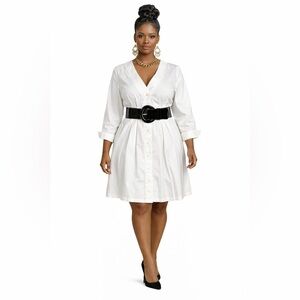 VENUS White Long Sleeve Dress with Black Belt